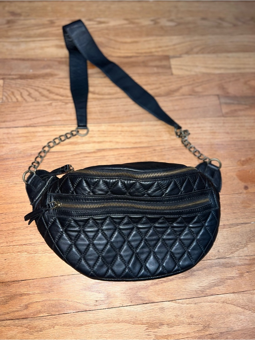 Free People Quilted Black Crossbody Belt Bag with Chain Strap